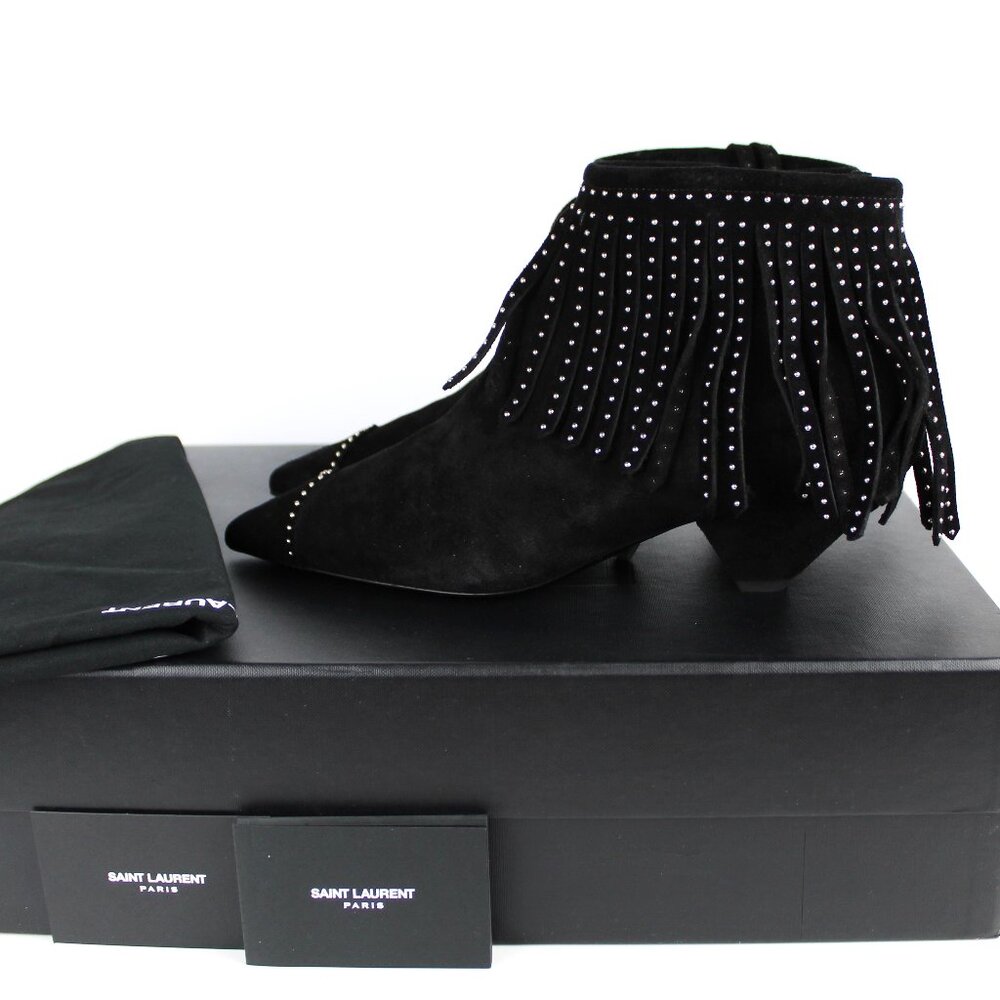 SAINT LAURENT Black Blaze Laced Fringe Ankle Boots Suede Studded Western Boots